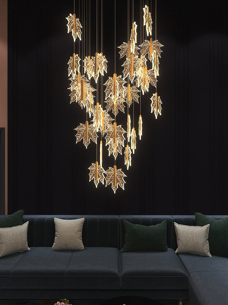 Modern Golden Maple Leaf Staircase Led Chandelier Lighting Nordic Duplex Building Living Room