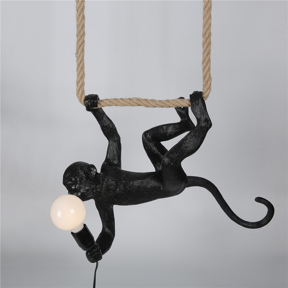 Hemp Rope Monkey Lamp For Living Room Decor - Indoor Pendant Lighting In Black And White Light
