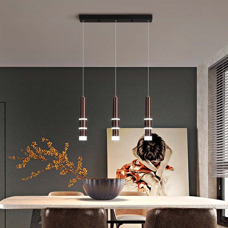 New Simple Coffee Led Pendant Light Restaurant Homestay Bar Counter Front Desk Long Metal Tube