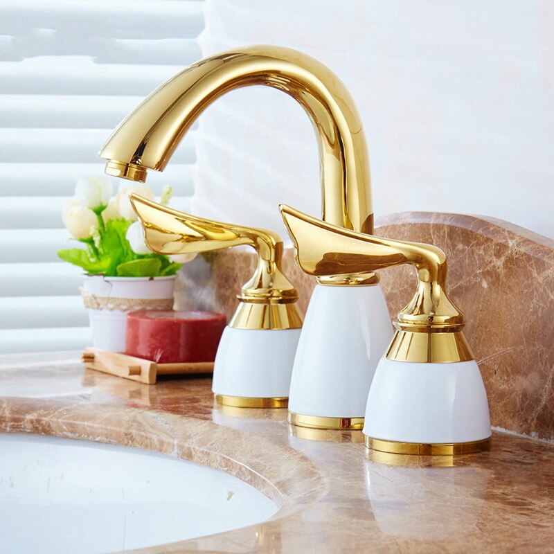 3 Pieces Set Bathtub Faucet Deck Mounted Gold Luxury Bathroom Tub Mixer Holes Widespread Bath Sink