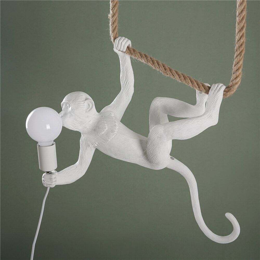 Hemp Rope Monkey Lamp For Living Room Decor - Indoor Pendant Lighting In Black And White Light