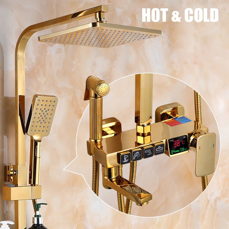 Golden Shower Set Bathroom Smart Digital System Wall Mount Thermostatic Bath Faucet Spa Rainfall