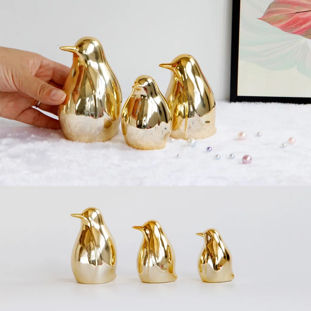 Gold Ceramic Penguin Fake Animal Statue - Funny Sculpture Ornaments Décor Indoor Outdoor Yard Art