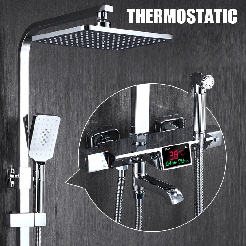 Golden Shower Set Bathroom Smart Digital System Wall Mount Thermostatic Bath Faucet Spa Rainfall