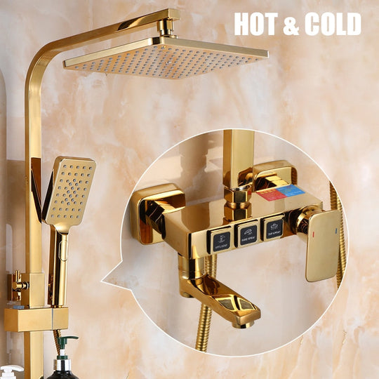 Golden Shower Set Bathroom Smart Digital System Wall Mount Thermostatic Bath Faucet Spa Rainfall