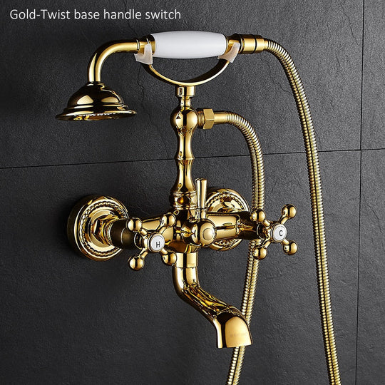 Luxury Crystal Handle Bathtub Gold Brass Faucet With Hand Shower Telephone Type Bath Faucets Sets