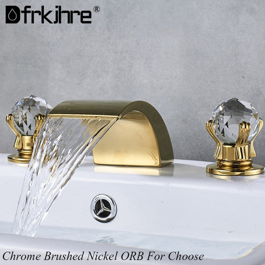 Bathroom Crystal Handle Golden Waterfall Basin Faucet Deck Mount Widespread Tub Sink Chrome Hot And