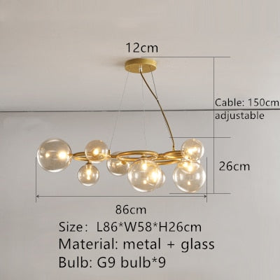 Modern Design Led Transparent Glass Ball Gray White Hanging Pendant Light 9 Balls / Gold Metal Warm