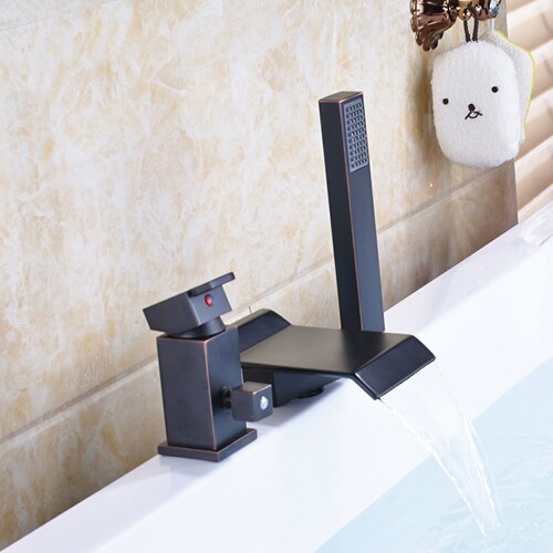 Deck Mounted 3Pc Waterfall Bathroom Tub Mixer Faucet Single Lever With Handshower Bathtub Hot And