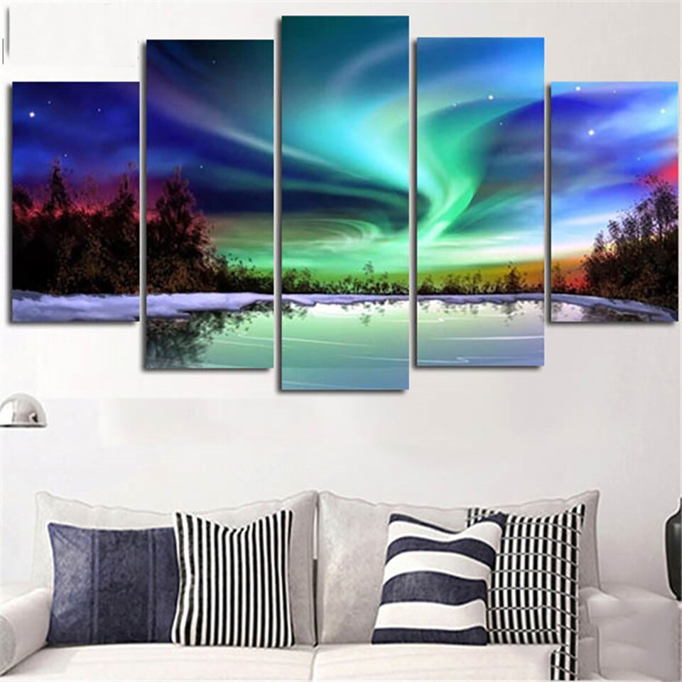 Modern 5 - Panel Northern Lights Hd Printed Canvas Poster Wall Painting