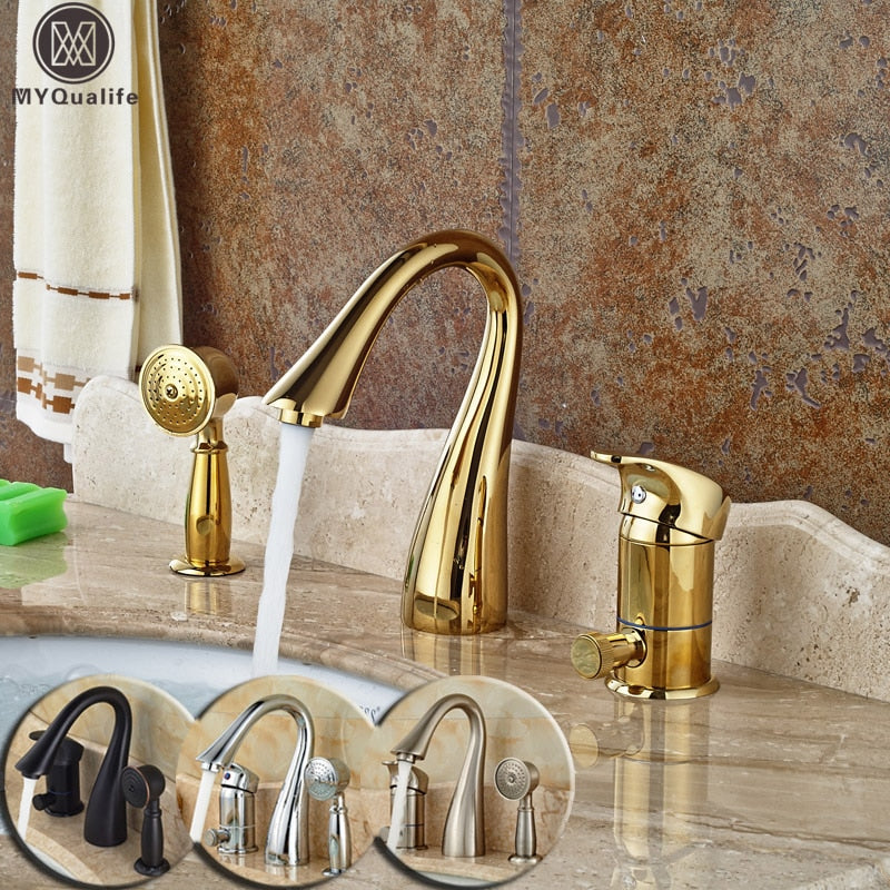 Deck Mounted Widespread 3Pc Bathroom Bath Tub Mixer Faucet Brass Handshower Goose Neck Spout Taps