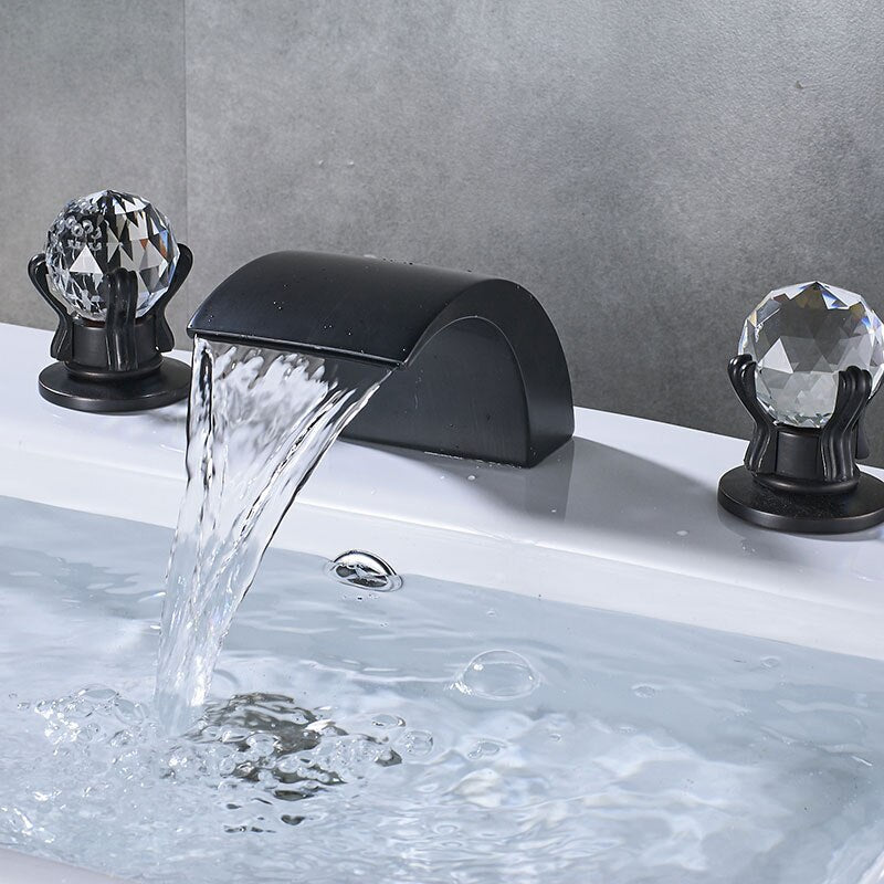 Bathroom Crystal Handle Golden Waterfall Basin Faucet Deck Mount Widespread Tub Sink Chrome Hot And