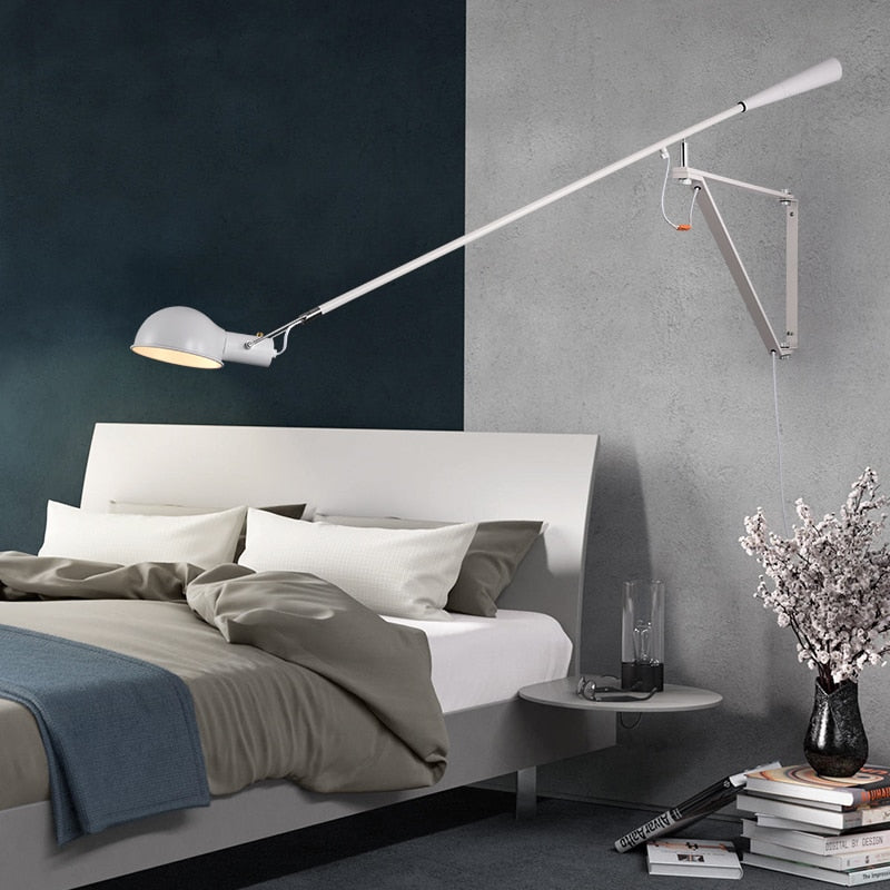 European Art Decor Led Wall Mounted Bedside Light White Black Adjustable Long Arm Lamp With Switch