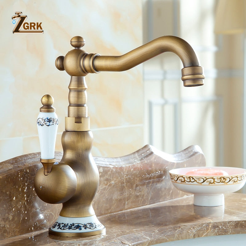 Antique Brass Faucet Bathroom Single Handle Sink Mixer Taps Hot And Cold Water Rotatable For Basin