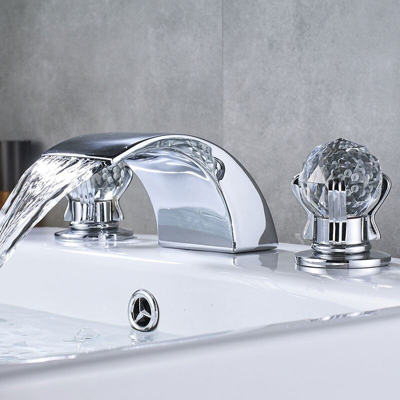 Bathroom Crystal Handle Golden Waterfall Basin Faucet Deck Mount Widespread Tub Sink Chrome Hot And