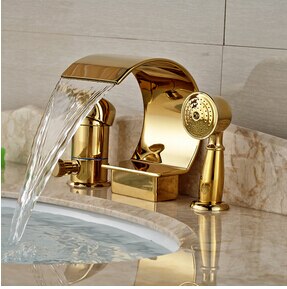 Luxury Golden Waterfall Bathtub Mixer Faucet Deck Mount Single Handle Tub Tap With Handheld Shower