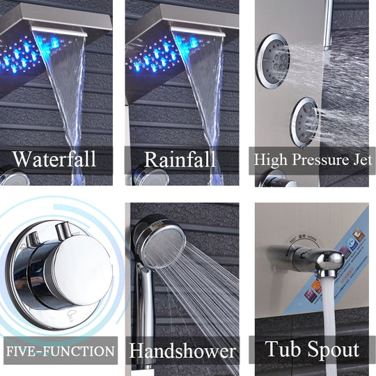 Newly Luxury Black/Brushed Bathroom Shower Faucet Led Panel Column Bathtub Mixer Tap With Hand