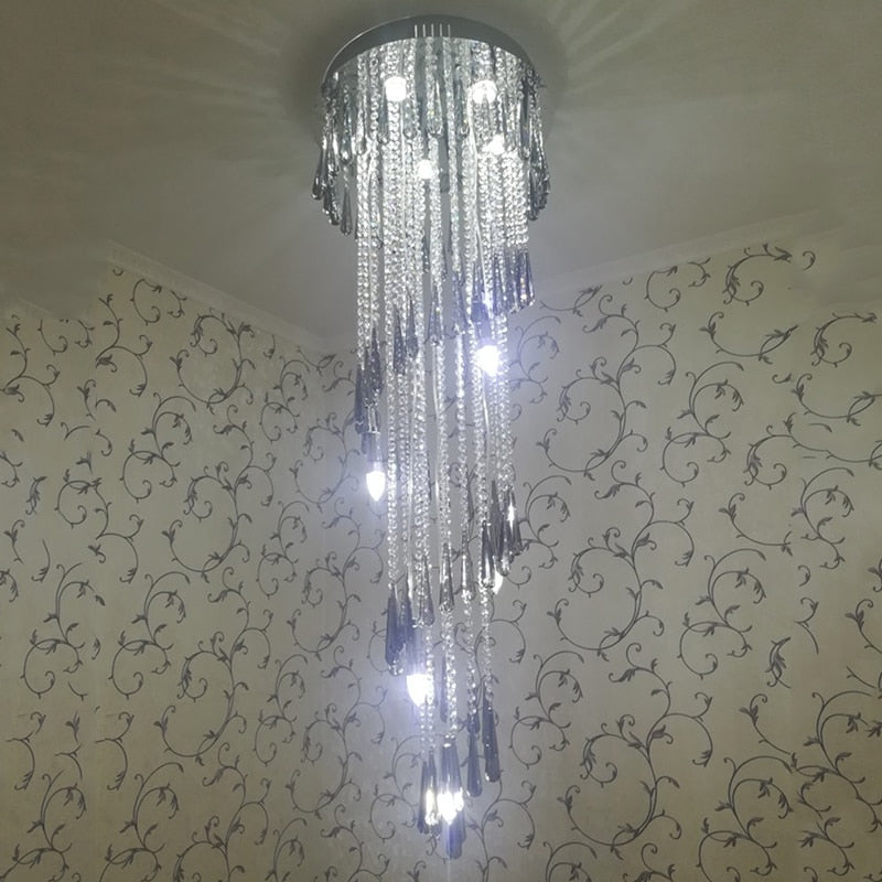 Modern Chandelier For Smoky Gray Crystal Luxury Fixtures Long Interior Stairway Lighting Corridor