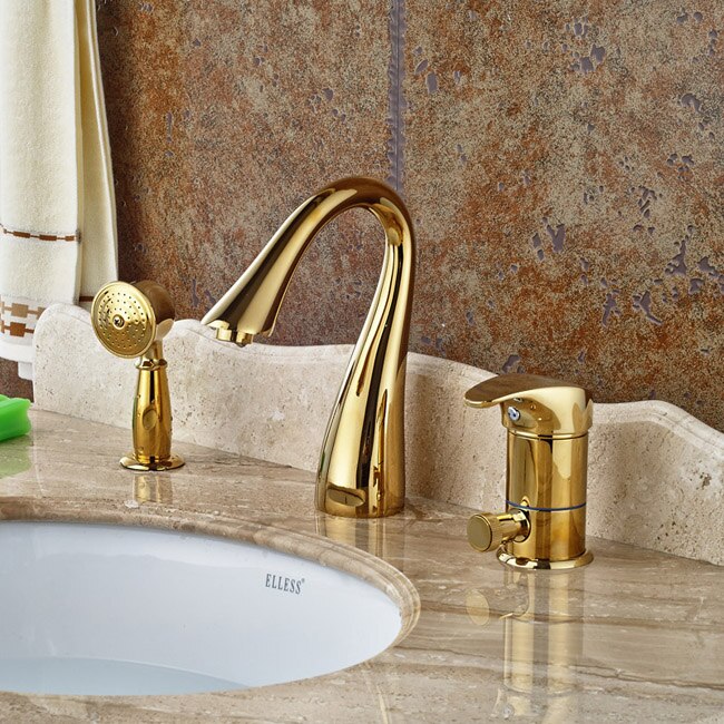 Deck Mounted Widespread 3Pc Bathroom Bath Tub Mixer Faucet Brass Handshower Goose Neck Spout Taps