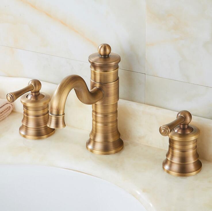 3 Pcs Antique Brass Deck Mounted Bathroom Mixer Tap Bath Basin Sink Vanity Faucet Water Faucets