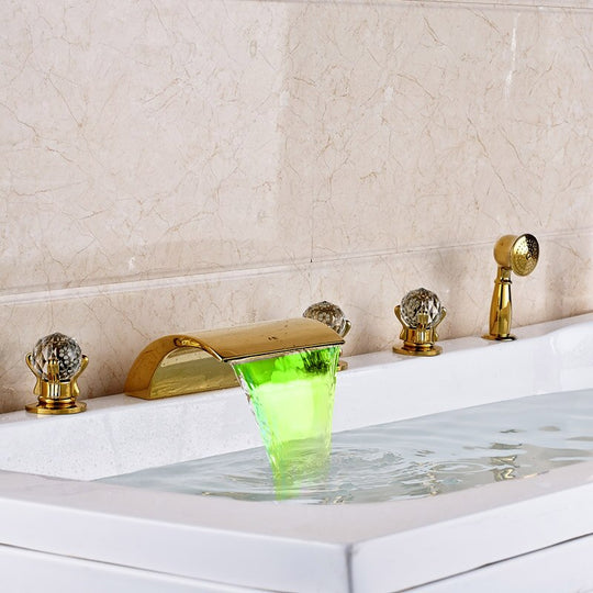Deck Mounted Waterfall 5Pcs Bath Tub Faucet Mixers Widespread With Led Light Bathtub Handshower
