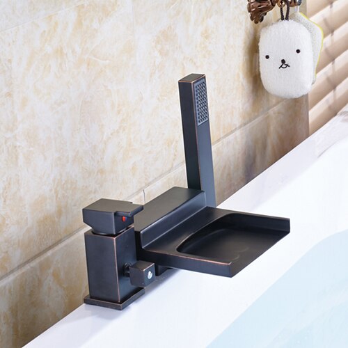 Deck Mounted 3Pc Waterfall Bathroom Tub Mixer Faucet Single Lever With Handshower Bathtub Hot And