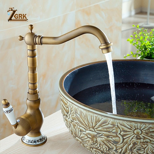 Antique Brass Faucet Bathroom Single Handle Sink Mixer Taps Hot And Cold Water Rotatable For Basin