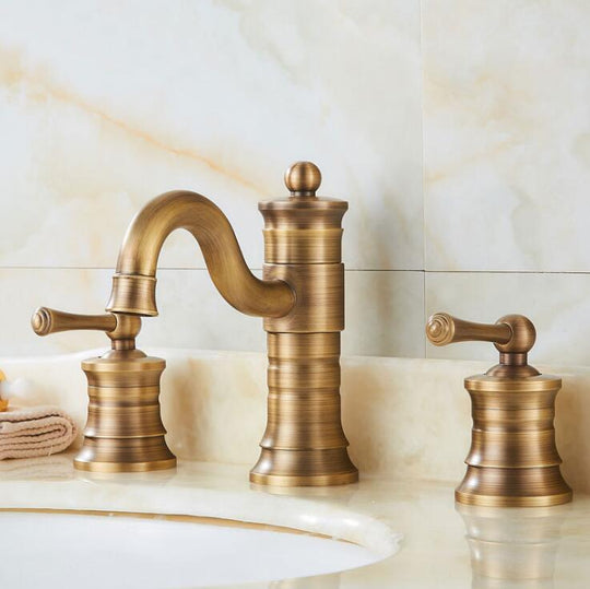 3 Pcs Antique Brass Deck Mounted Bathroom Mixer Tap Bath Basin Sink Vanity Faucet Water Faucets