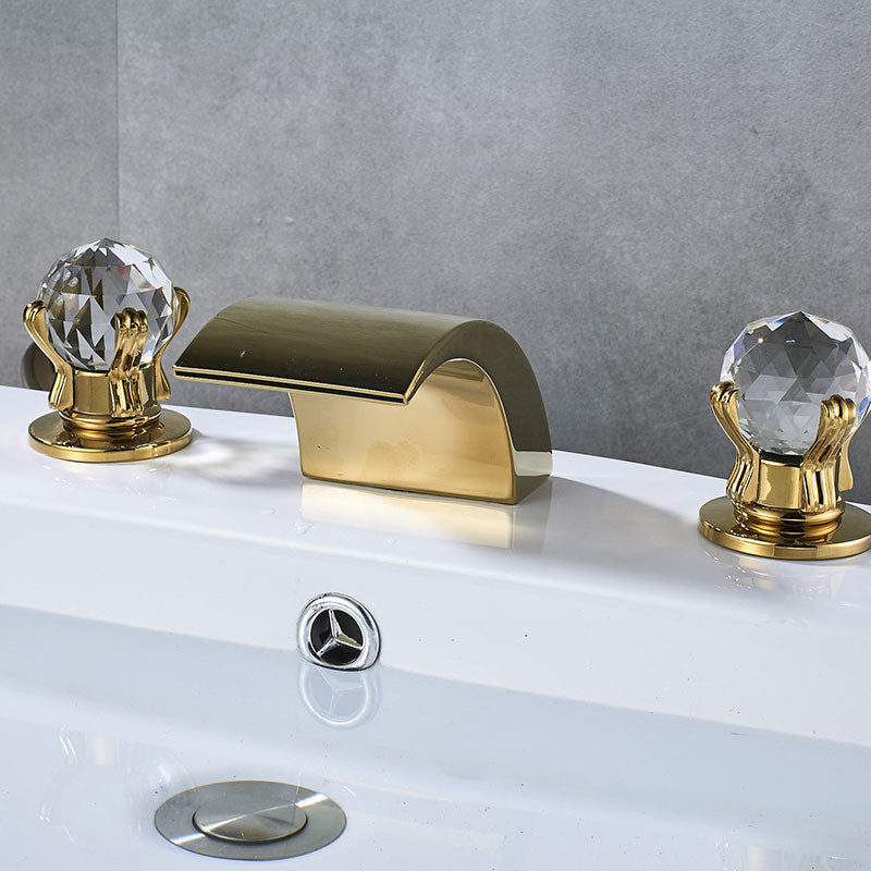 Bathroom Crystal Handle Golden Waterfall Basin Faucet Deck Mount Widespread Tub Sink Chrome Hot And