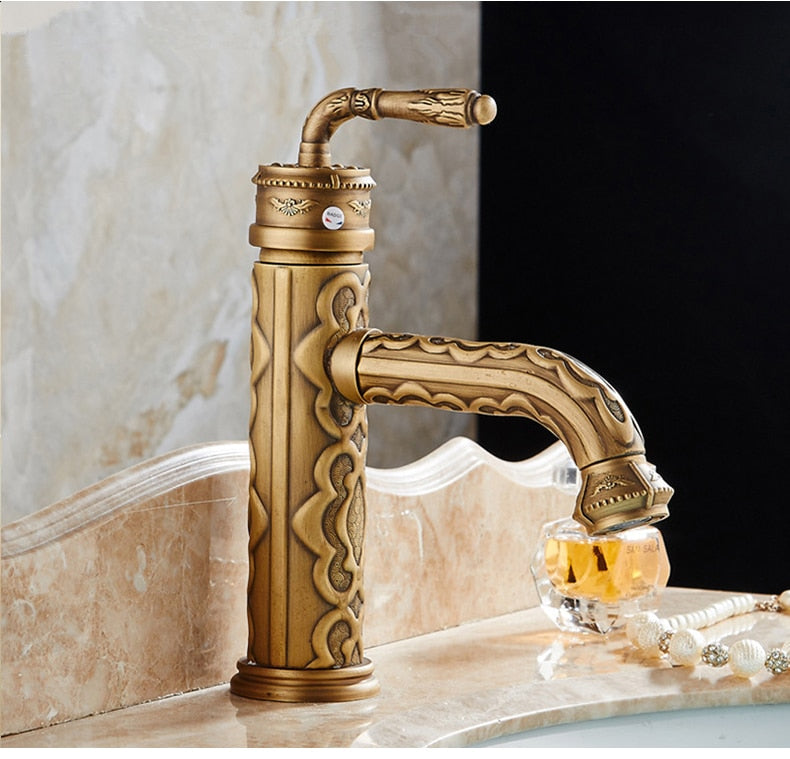 Basin Faucets Solid Brass Vintage Antique Bathroom Faucet Single Handle 360 Degree Swivel Spout Hot