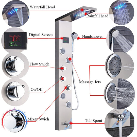 Newly Luxury Black/Brushed Bathroom Shower Faucet Led Panel Column Bathtub Mixer Tap With Hand