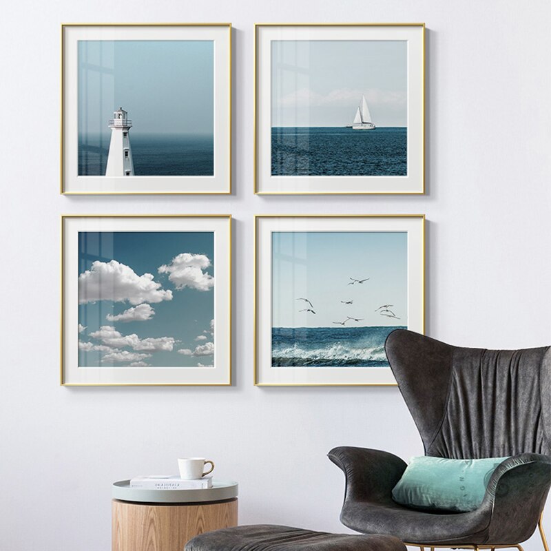 Nordic Blue Sky Sea Lighthouse And Clouds Canvas Art Poster Wall Painting