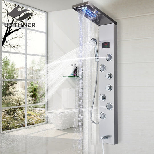 Newly Luxury Black/Brushed Bathroom Shower Faucet Led Panel Column Bathtub Mixer Tap With Hand