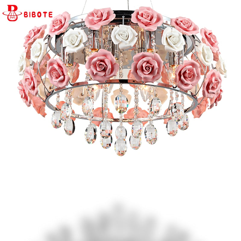 Modern Led Crystal Chandelier Lighting Ceramics Rose Flower Style Chandeliers Ceiling For Living