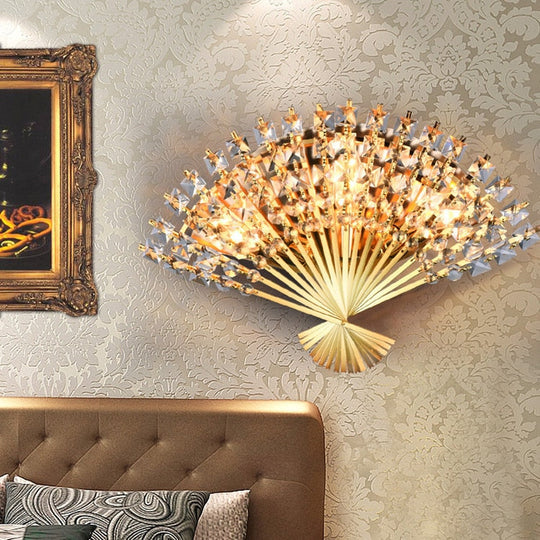 Modern Crystal Fan - Shape Bedroom Wall Light Luxury European Corridor Bedside Sconces Mirror Front