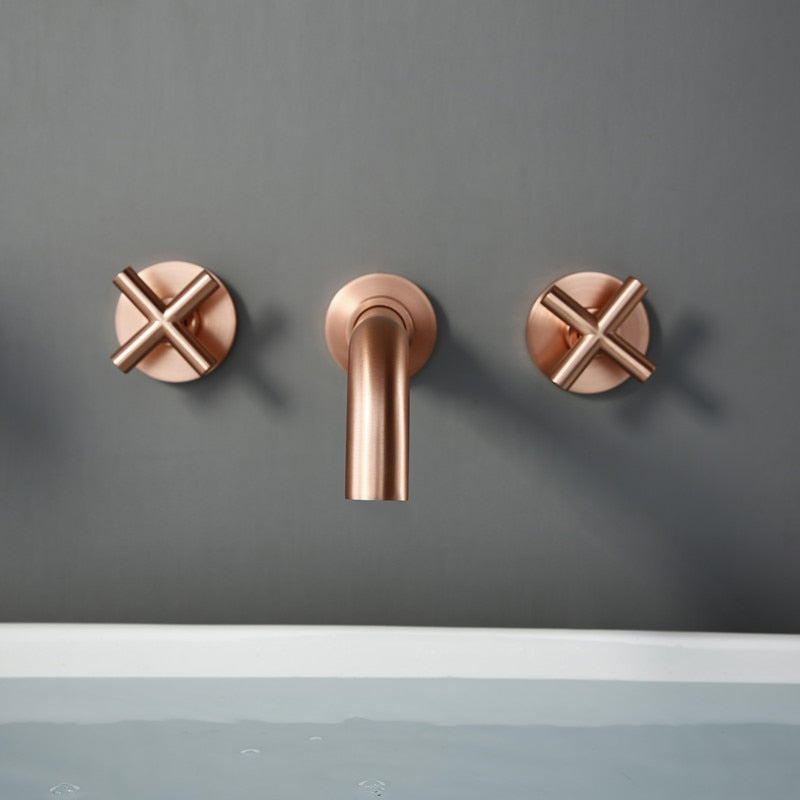 Modern Brushed Rose Gold Brass Double Cross Handle Bath Wall Mounted 3 Hole Water Bathroom Home