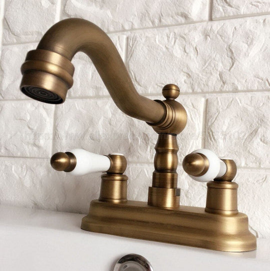 Antique Brass Double Handle Bathroom Wash Basin Mixer Taps / 2 Hole Deck Mounted Swivel Spout