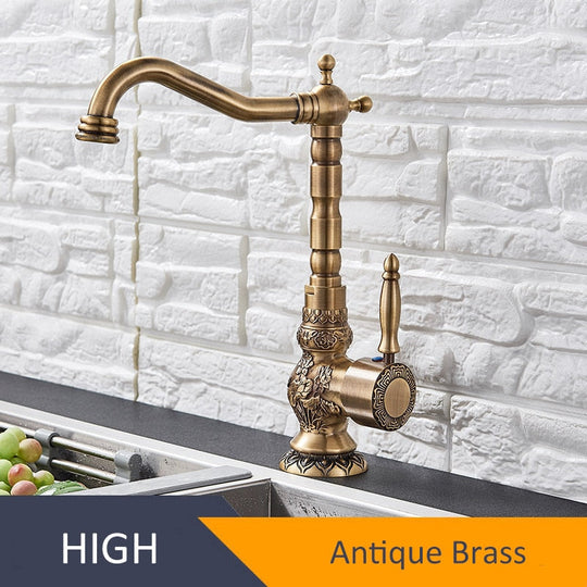 Antique Brass Bathroom Basin Carved Faucet Long Nose Spout Wash Sink Tap 360 Rotation Single Handle