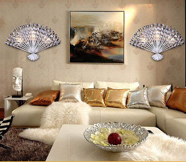 Modern Crystal Fan - Shape Bedroom Wall Light Luxury European Corridor Bedside Sconces Mirror Front