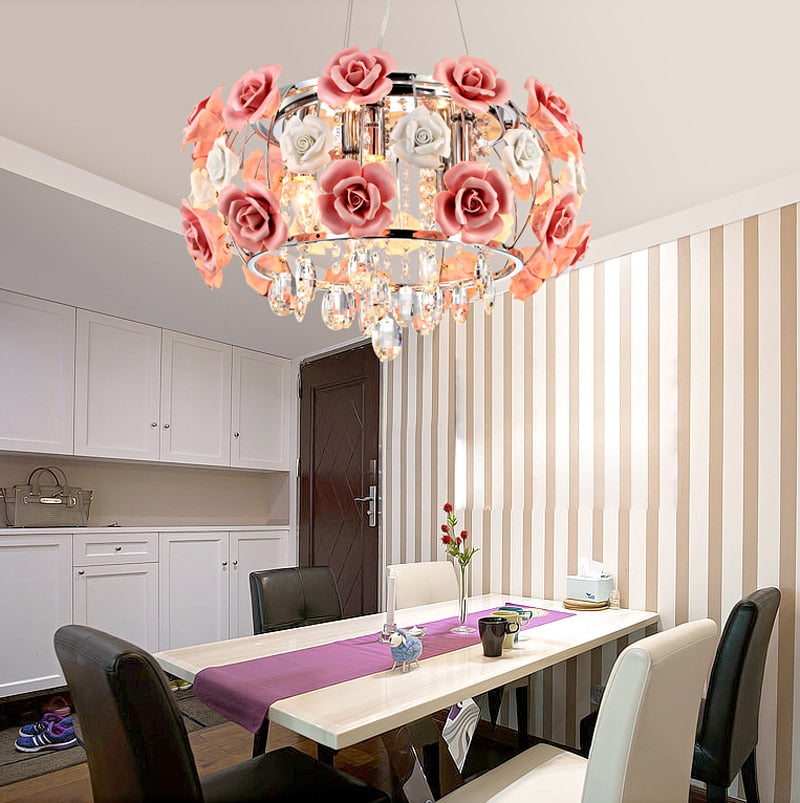 Modern Led Crystal Chandelier Lighting Ceramics Rose Flower Style Chandeliers Ceiling For Living