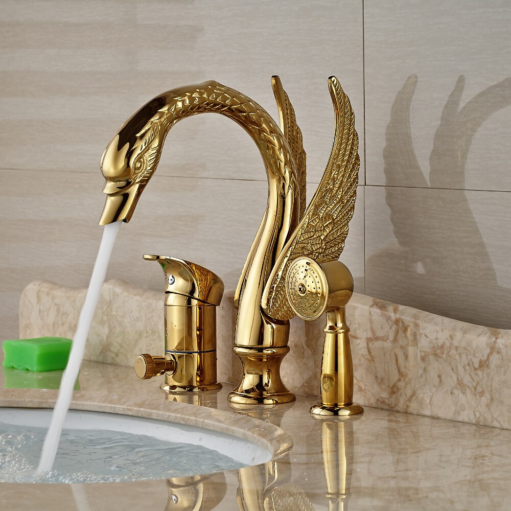 Golden Widespread 3Pcs Swan Bathtub Faucet Deck Mount With Handheld Shower Bathroom Tub Mixer Taps