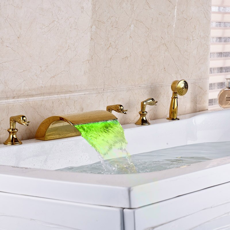 Deck Mounted Waterfall 5Pcs Bath Tub Faucet Mixers Widespread With Led Light Bathtub Handshower