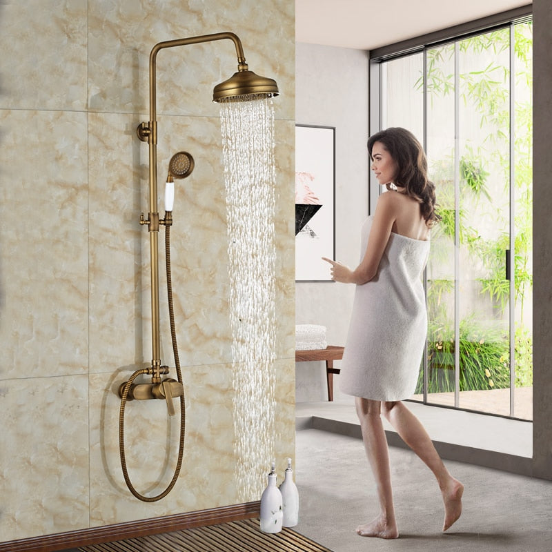 Wall Mounted Antique Brass Shower Set 8 Inch Round Rainfall Head Wide Tub Spout Hand Sprayer Mixer