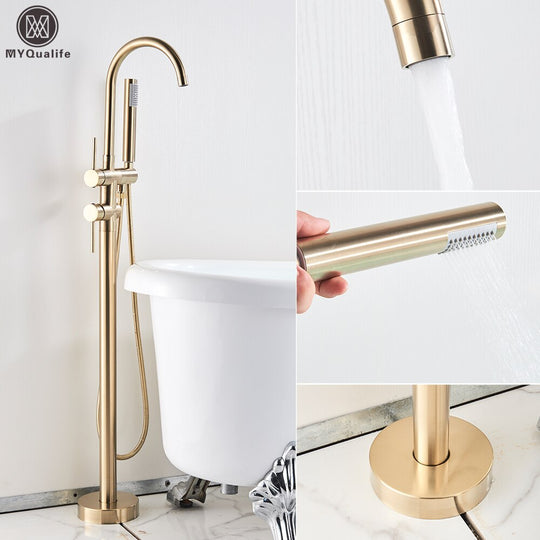 Floor Mounted Chrome Bath Tub Faucet Clawfoot Free Standing Mixer Tap With Handshower Single Lever