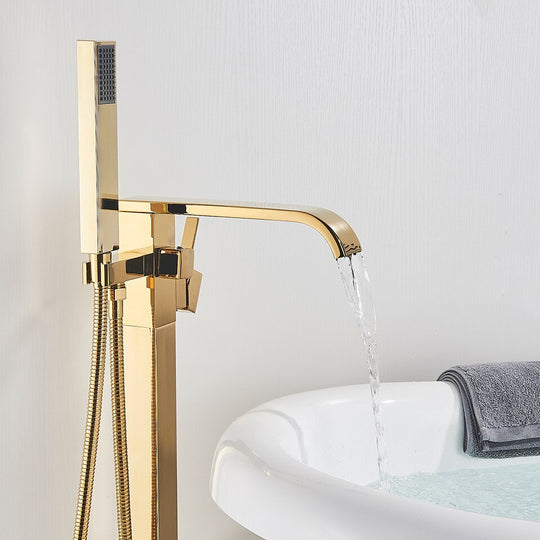 Floor Mounted Bathtub Faucet Set Gold Bath Tub Hot And Cold Water Shower Mixer Tap Waterfall Stand