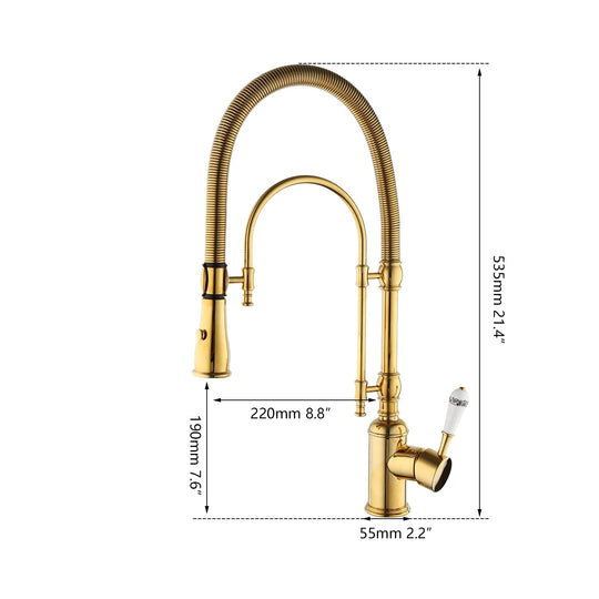 Golden Spring Pull Down Kitchen Sink Faucet Hot & Cold Water Mixer Crane Tap With Dual Spout Deck