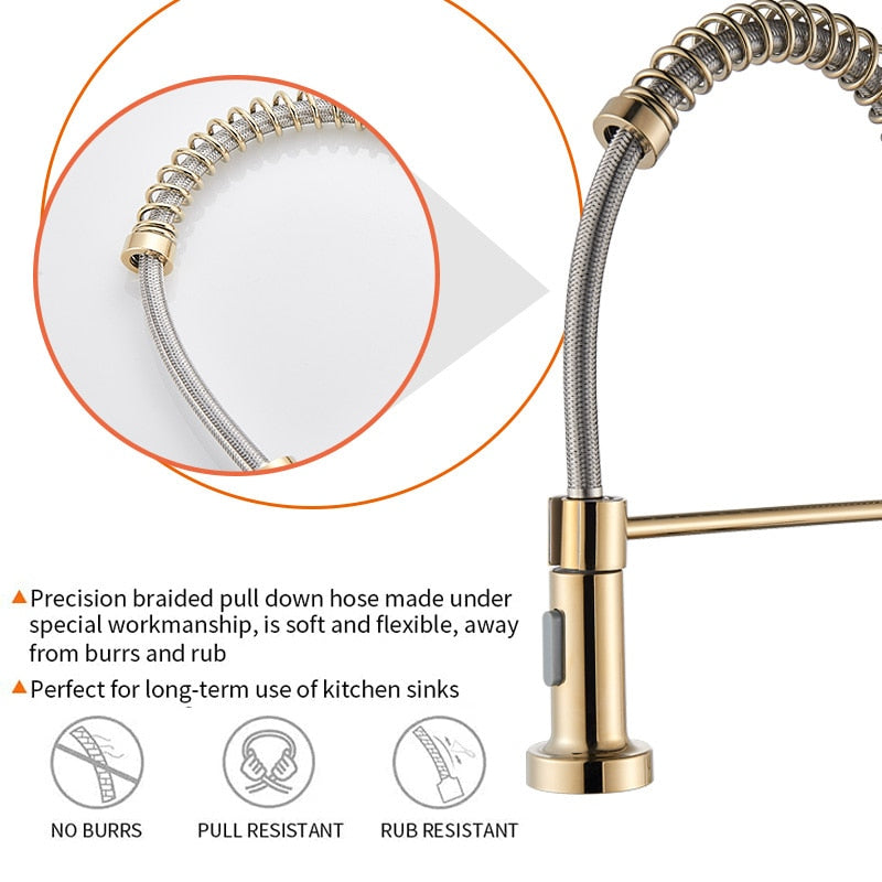 Golden Kitchen Spring Faucet Brass Deck Mount 360 Degree Rotate Stream & Sprayer Nozzle Hot Cold