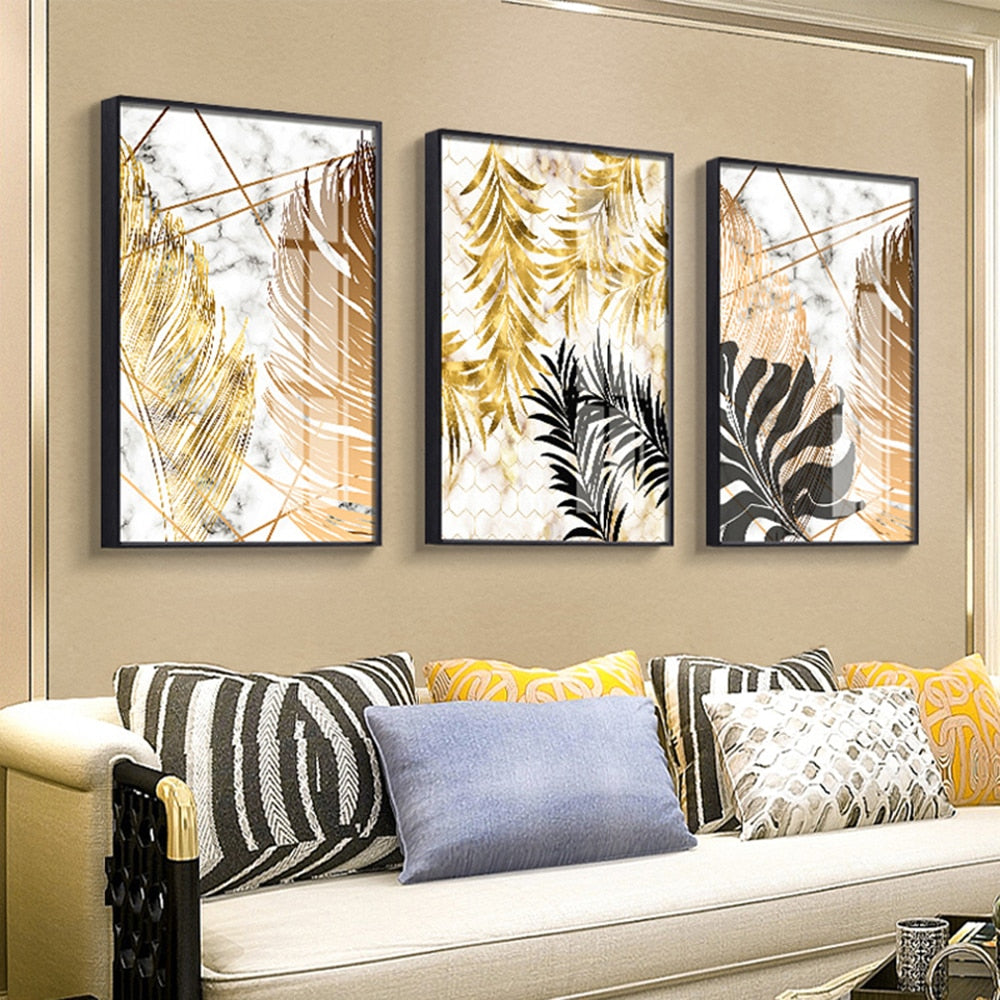 Golden Leaf & Marble Nordic Canvas - Abstract Modern Art For Home Decor Printings