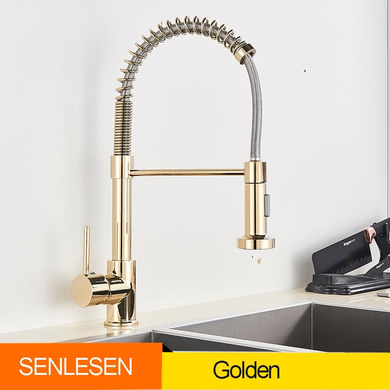 Golden Kitchen Spring Faucet Brass Deck Mount 360 Degree Rotate Stream & Sprayer Nozzle Hot Cold