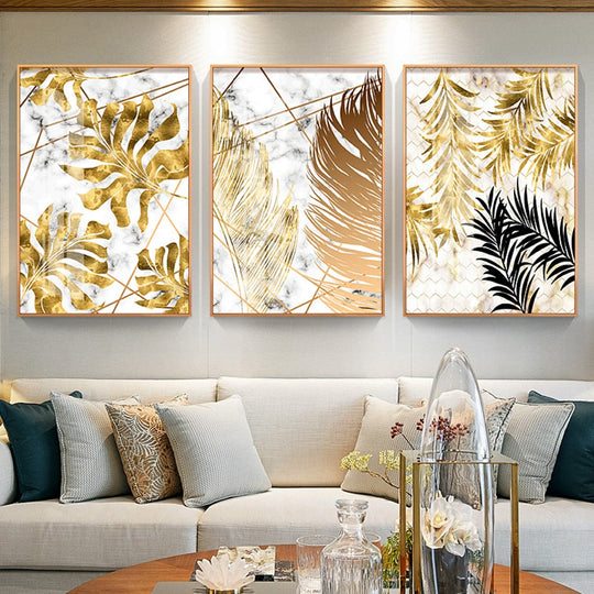 Golden Leaf & Marble Nordic Canvas - Abstract Modern Art For Home Decor Printings